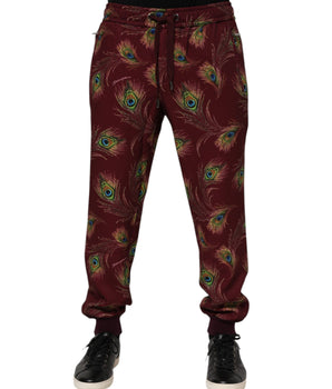 Dolce &amp; Gabbana Burgundy Peacock Feather Print Jogger Pants