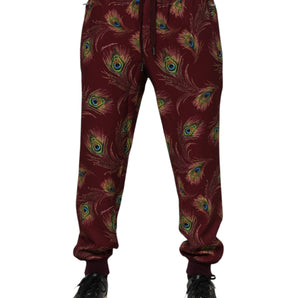 Dolce & Gabbana Burgundy Peacock Feather Print Jogger Pants