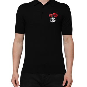 Dolce & Gabbana Black Wool DG Logo Rose Collared Polo T-shirt