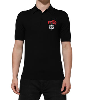 Dolce &amp; Gabbana Black Wool DG Logo Rose Collared Polo T-Shirt