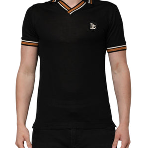 Dolce & Gabbana Black DG Silk V-neck Collared Men Polo T-shirt