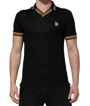 Dolce &amp; Gabbana Black DG Silk V-neck Collared Men Polo T-shirt