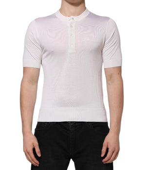 Dolce &amp; Gabbana White Silk Short Sleeves Men Henley T-shirt