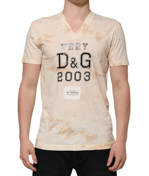 Dolce &amp; Gabbana Beige Logo Print Sleeve V-neck T-shirt