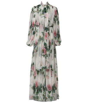 Dolce & Gabbana White Floral Roses Silk Maxi Long Gown Dress
