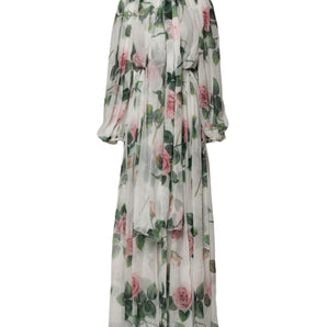 Dolce & Gabbana White Floral Roses Silk Maxi Long Gown Dress