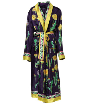 Dolce & Gabbana Blue Floral Print Silk Long Sleeves Wrap Robe