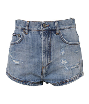 Dolce & Gabbana Blue Logo Plaque Denim Cotton Hot Pants Shorts