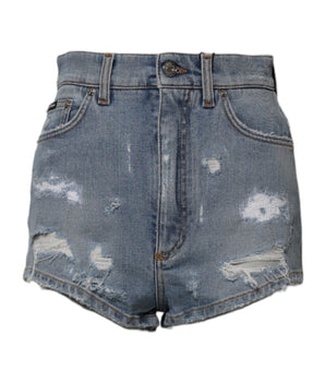 Dolce & Gabbana Blue Tattered Denim Cotton Hot Pants Shorts