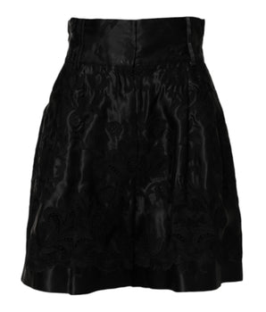 Dolce & Gabbana Black Floral Embroidery Silk High Waist Shorts