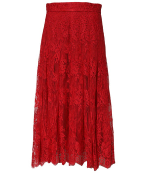 Dolce & Gabbana Red Cotton Floral Lace A-line Long Maxi Skirt