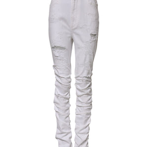 Dolce & Gabbana White Tattered Cotton High Waist Denim Jeans