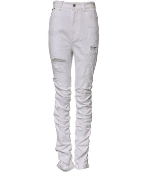Dolce & Gabbana White Tattered Cotton High Waist Denim Jeans