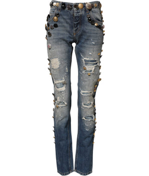 Dolce & Gabbana Blue Embellished Tattered SkinnyDenim Jeans