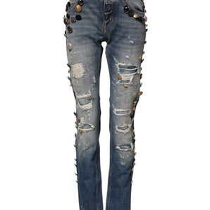 Dolce & Gabbana Blue Embellished Tattered SkinnyDenim Jeans