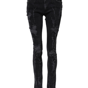 Dolce & Gabbana Black Cotton Tattered Skinny Denim Jeans