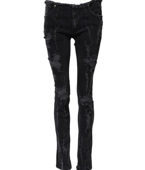 Dolce & Gabbana Black Cotton Tattered Skinny Denim Jeans