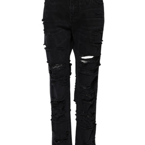 Dolce & Gabbana Black Cotton Tattered Mid Waist Denim Jeans