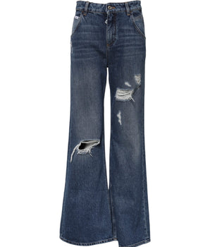 Dolce & Gabbana Blue Cotton Wide Leg Tattered Denim Jeans