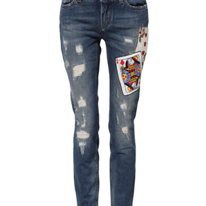 Dolce & Gabbana Blue Play Card Embroidery Skinny Denim Jeans