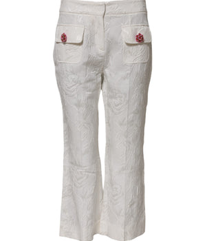 Dolce & Gabbana White Cotton Floral Jacquard Pants