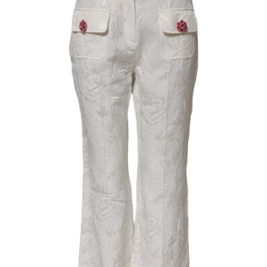 Dolce & Gabbana White Cotton Floral Jacquard Pants
