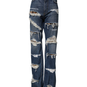 Dolce & Gabbana Blue Tattered Cotton Straight Denim Jeans