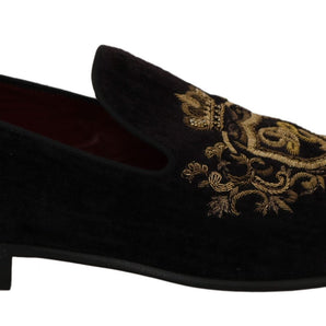 Dolce & Gabbana Elegant Black Loafers with Gold Crown Embroidery Dolce & Gabbana 