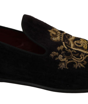 Dolce & Gabbana Elegant Black Loafers with Gold Crown Embroidery Dolce & Gabbana 