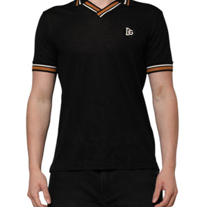 Dolce & Gabbana Black DG Silk Vneck Collared Men Polo T-shirt