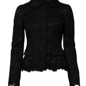 Dolce & Gabbana Black Floral Lace Cotton Collared Jacket