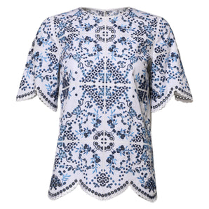 Dolce & Gabbana Blue Lace Eyelet Crew Neck Blouse Top