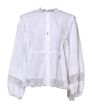 Dolce &amp; Gabbana White Ruffled Lace Embellished Blouse Top