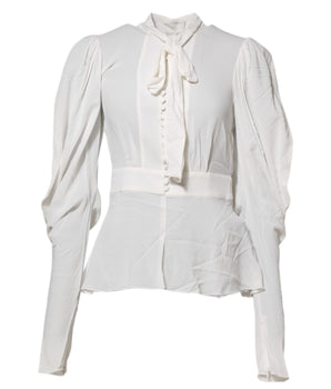 Dolce & Gabbana White Viscose Ascot Collar Long Sleeves Top