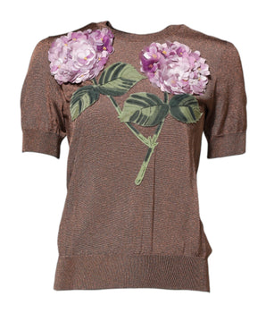 Dolce & Gabbana Brown Lily Embellished Round Neck Blouse Top