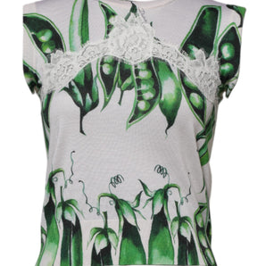 Dolce & Gabbana White Green Pea Print Sleeveless Blouse Top