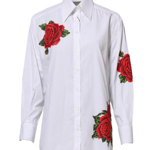 Dolce & Gabbana White Rose Embroidery Collared Shirt Top