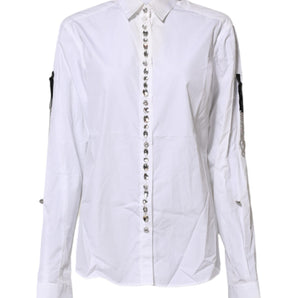 Dolce & Gabbana White Crystal Embellished Collared Shirt Top