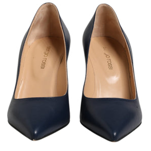 Sergio Rossi Blue Leather Pointed Toe Block Heels Shoes