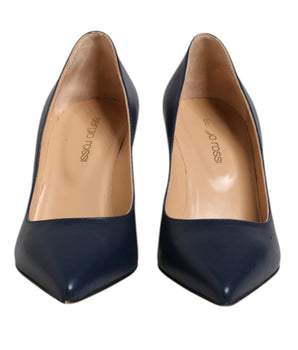 Sergio Rossi Blue Leather Pointed Toe Block Heels Shoes