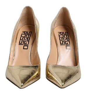 Sergio Rossi Gold Leather Pointed Toe Block Heels Shoes