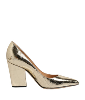Sergio Rossi Gold Leather Pointed Toe Block Heels Shoes