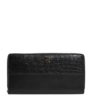 Dolce &amp; Gabbana Black Leather Logo Plaque Zip Around Continental Wallet