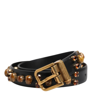 Dolce &amp; Gabbana Black Leather Studded Gold Tone Buckle Belt