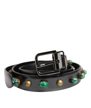 Dolce &amp; Gabbana Black Leather Studded Silver Tone Buckle Belt