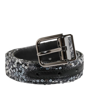 Dolce & Gabbana Black Sequins Silver Metal Logo Buckle Belt