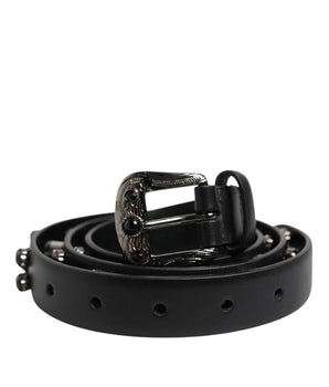 Dolce &amp; Gabbana Black Studded Leather Metal Logo Ribbon Belt