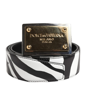 Dolce & Gabbana Black White Zebra Gold Metal Logo Buckle Belt
