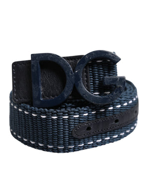 Dolce &amp; Gabbana Blue White Cotton DG Logo Metal Buckle Belt