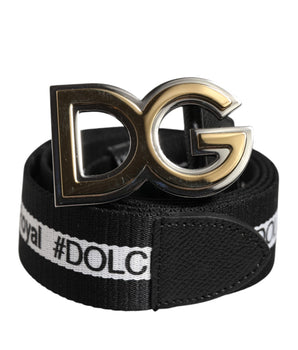 Dolce &amp; Gabbana Black Cotton Metal DG Logo Gold Buckle Belt